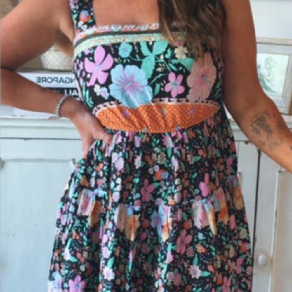 Black Floral Sundress with Pink and Green Accents